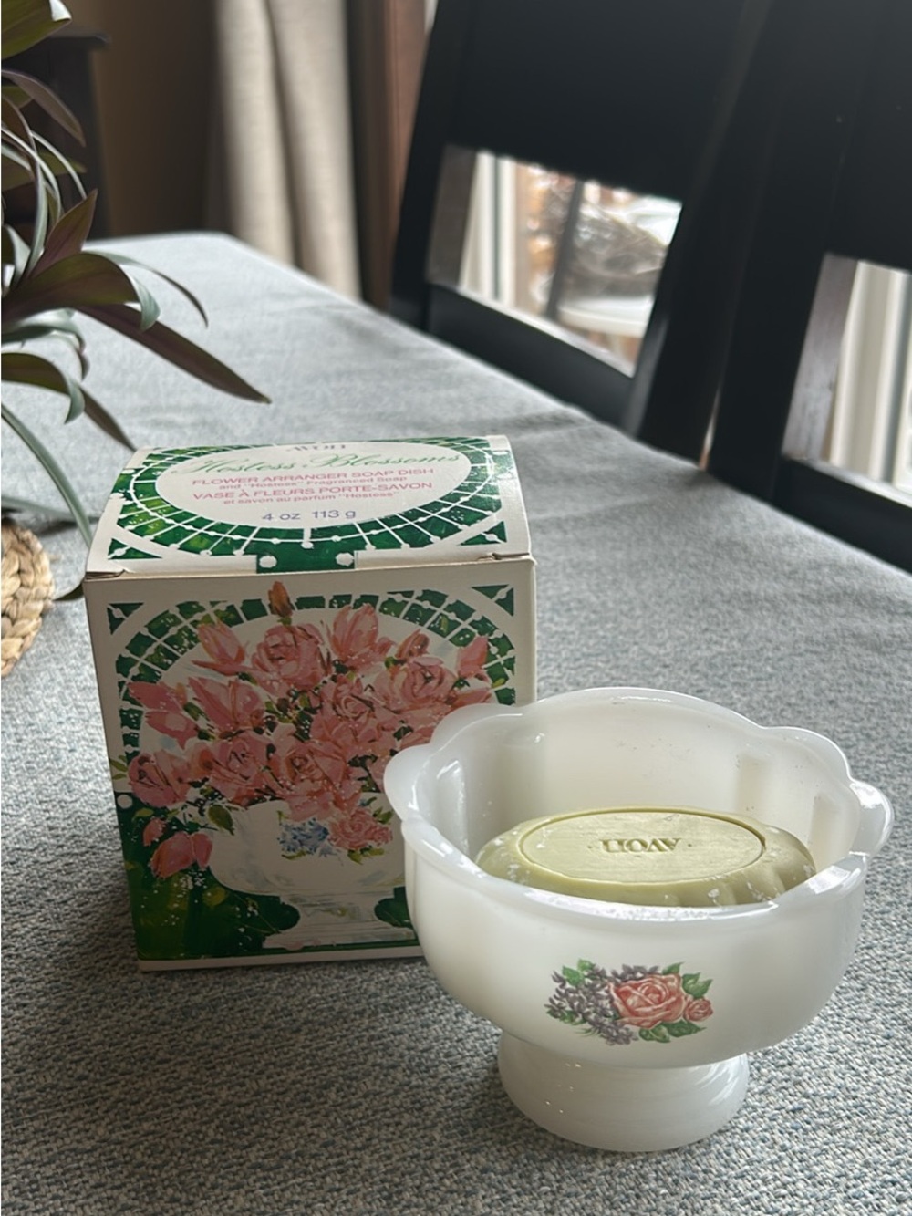 Vintage Avon Floral Soap Dish with Green Soap - White Milk Glass
